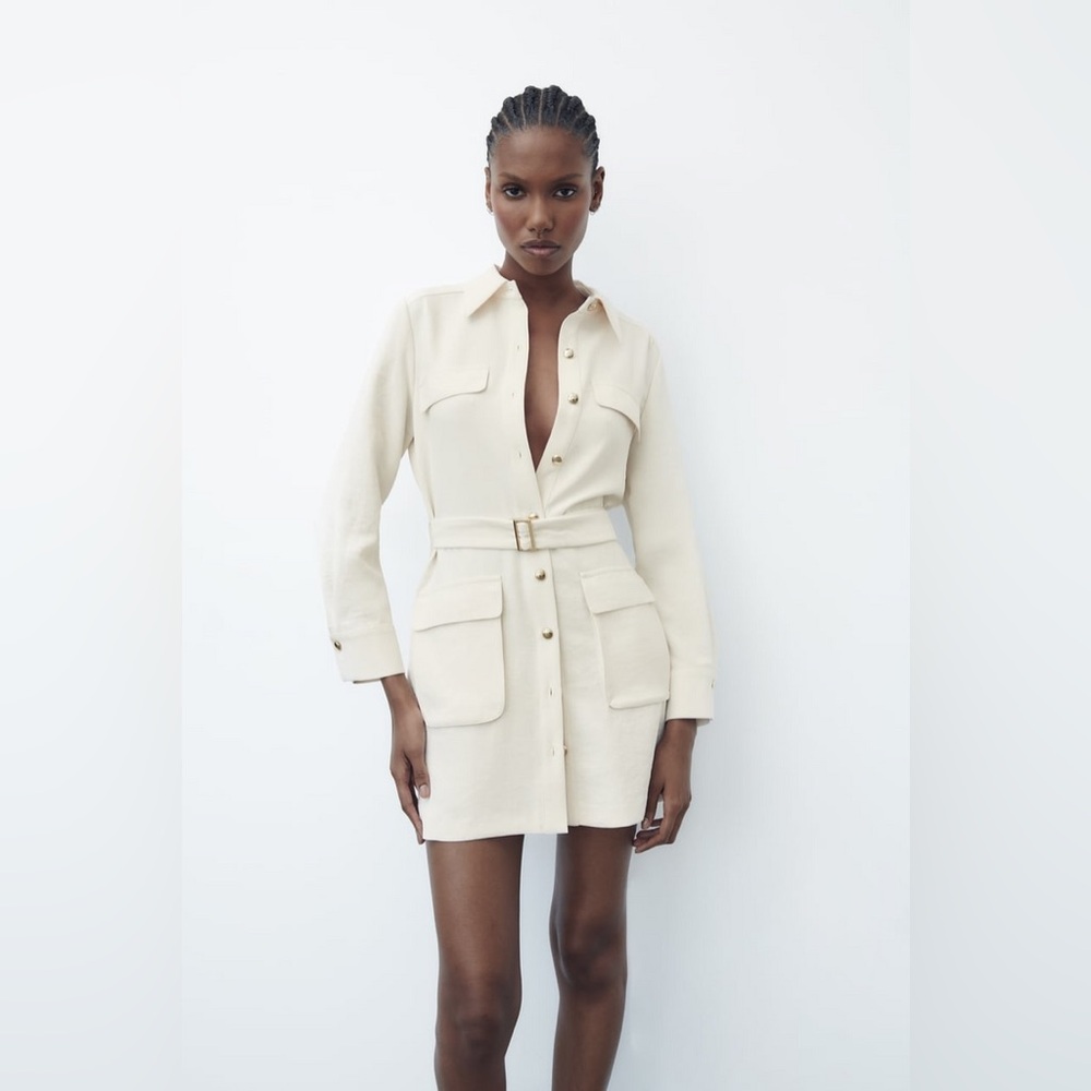 NWT ZARA ECRU SHORT POCKET DRESS 2114/522